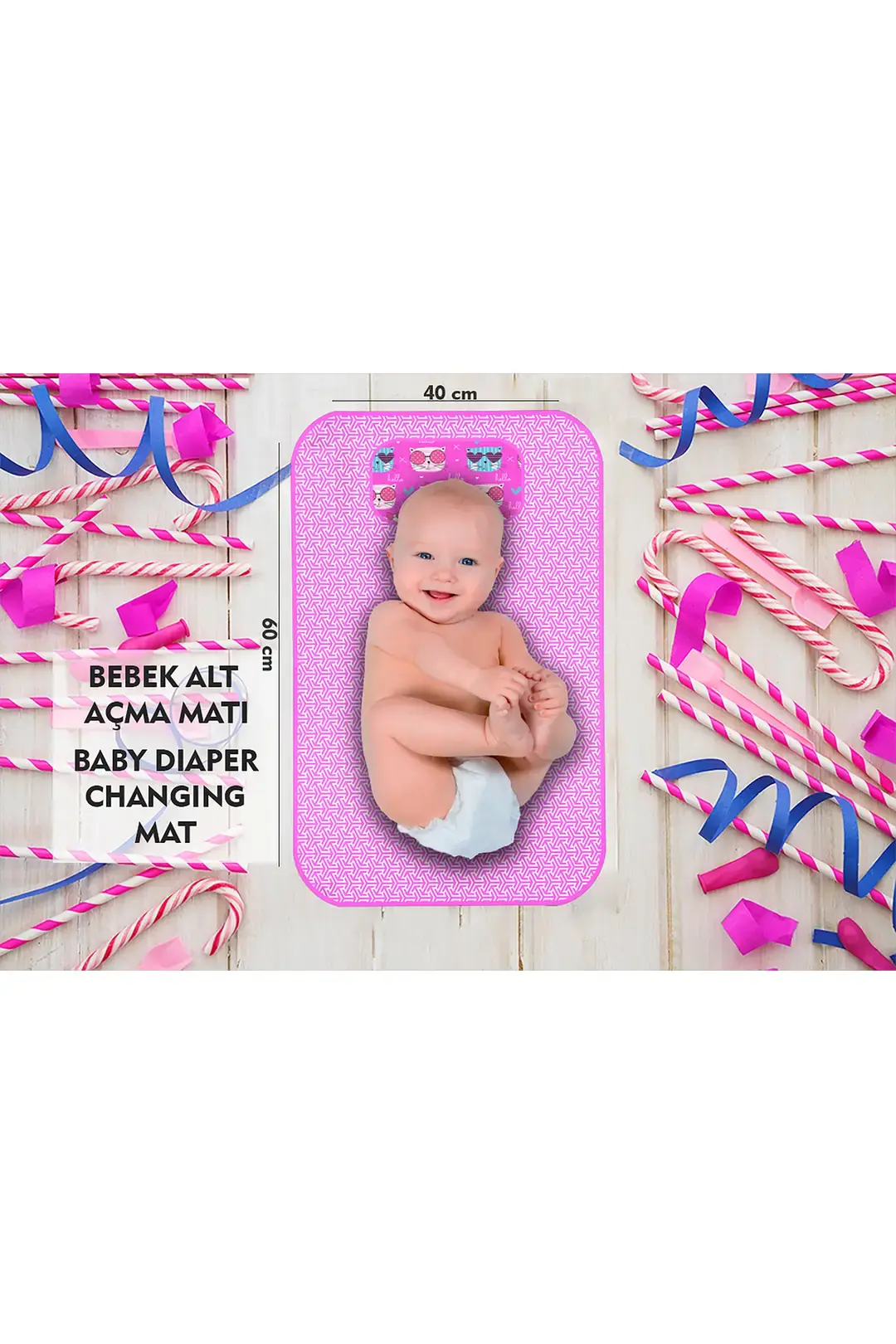 Bebek Alt Açma Minderi Bakım Pedi Örtüsü Pembe Kedi Desenli