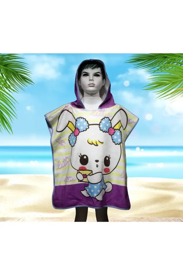 Beyaz Tavşan Desenli Çocuk Panço & Çocuk Bornoz Panço & Çocuk Plaj Havlu