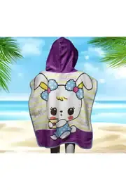 Beyaz Tavşan Desenli Çocuk Panço & Çocuk Bornoz Panço & Çocuk Plaj Havlu