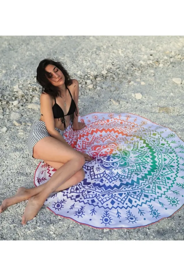 Gökkuşağı Renkli Yuvarlak Plaj Havlusu