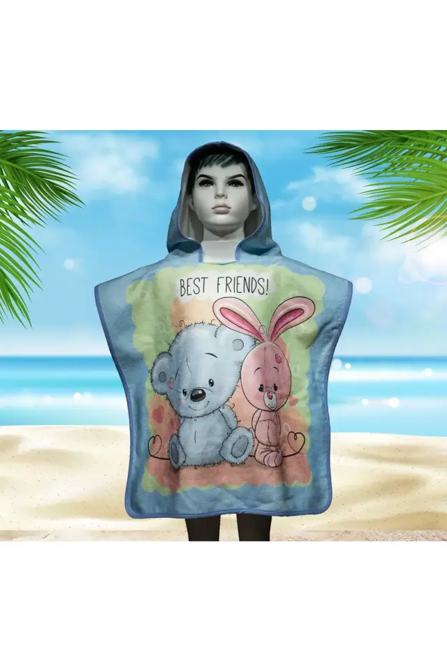 Kedı Baskılı Panço/çocuk Plaj Havlusu