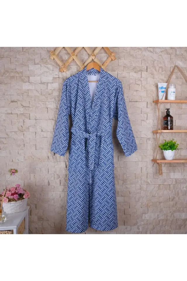 Mavi Desenli Baskılı Bornoz