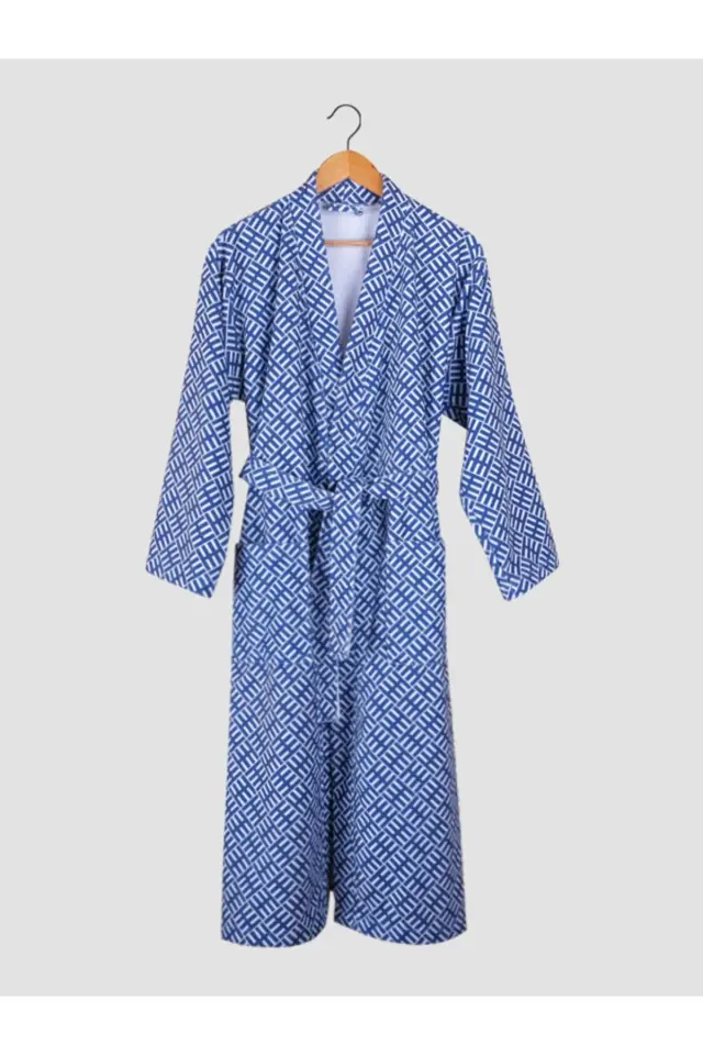 Mavi Desenli Baskılı Bornoz