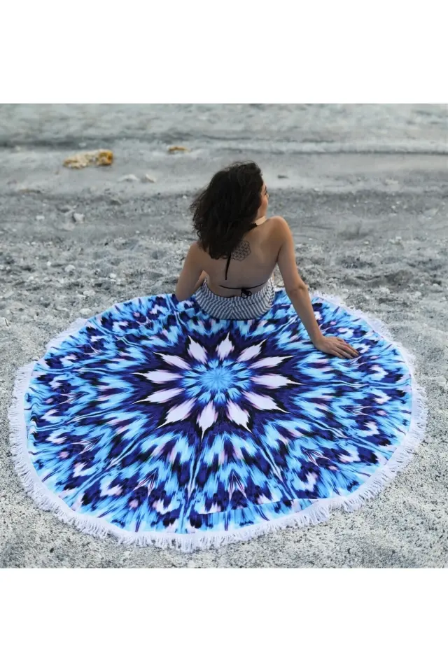 Mavi Ebru Temalı Yuvarlak Plaj Havlusu