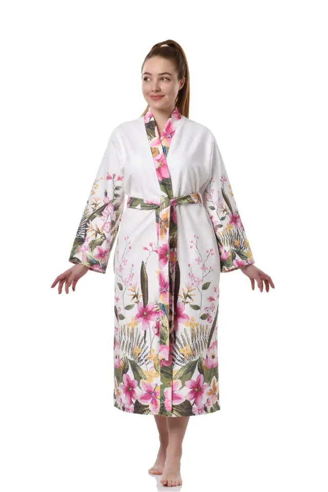 Renkli Çiçekli Beyaz Baskılı Bornoz