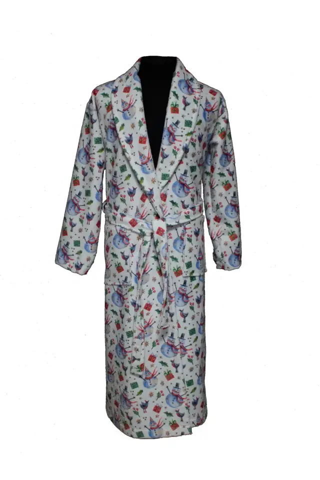 YILBAŞI DESENLİ BASKILI BORNOZ BEYAZ