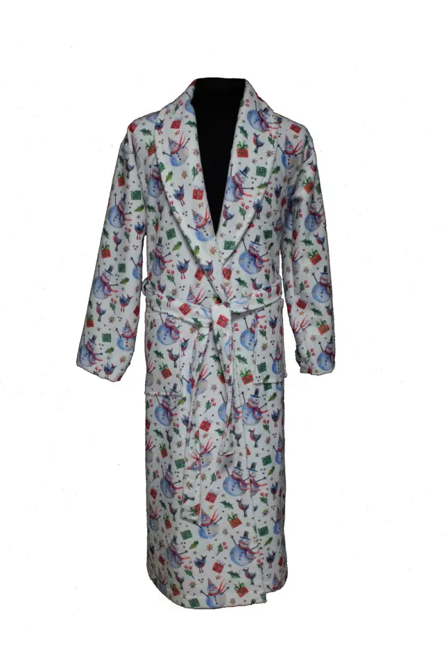 YILBAŞI DESENLİ BASKILI BORNOZ BEYAZ