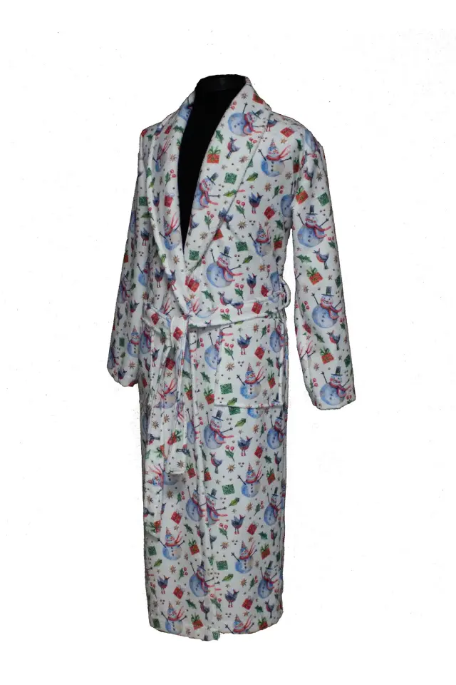 YILBAŞI DESENLİ BASKILI BORNOZ BEYAZ