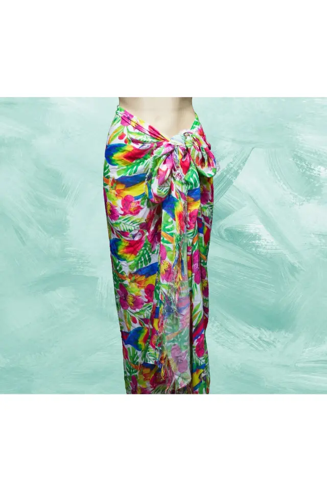 Yaprak Desenli Vual Pareo Şal - Püsküllü