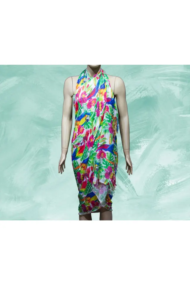 Yaprak Desenli Vual Pareo Şal - Püsküllü