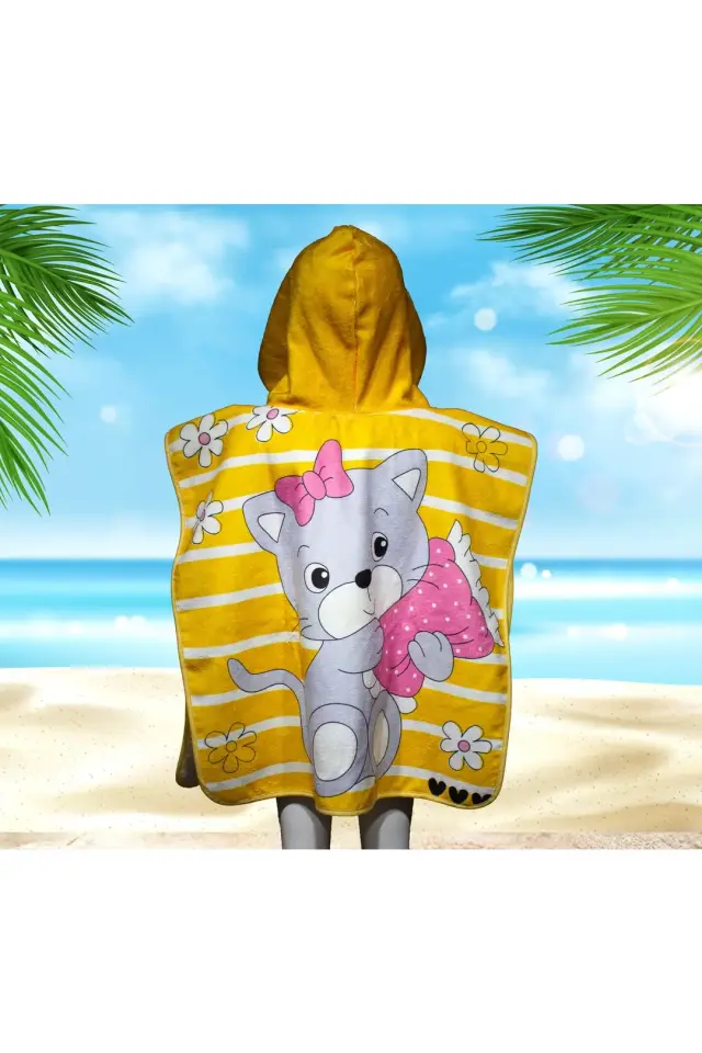 Şirin Kedi Desenli Çocuk Panço Havlu & Çocuk Bornoz Panço & Çocuk Plaj Havlu