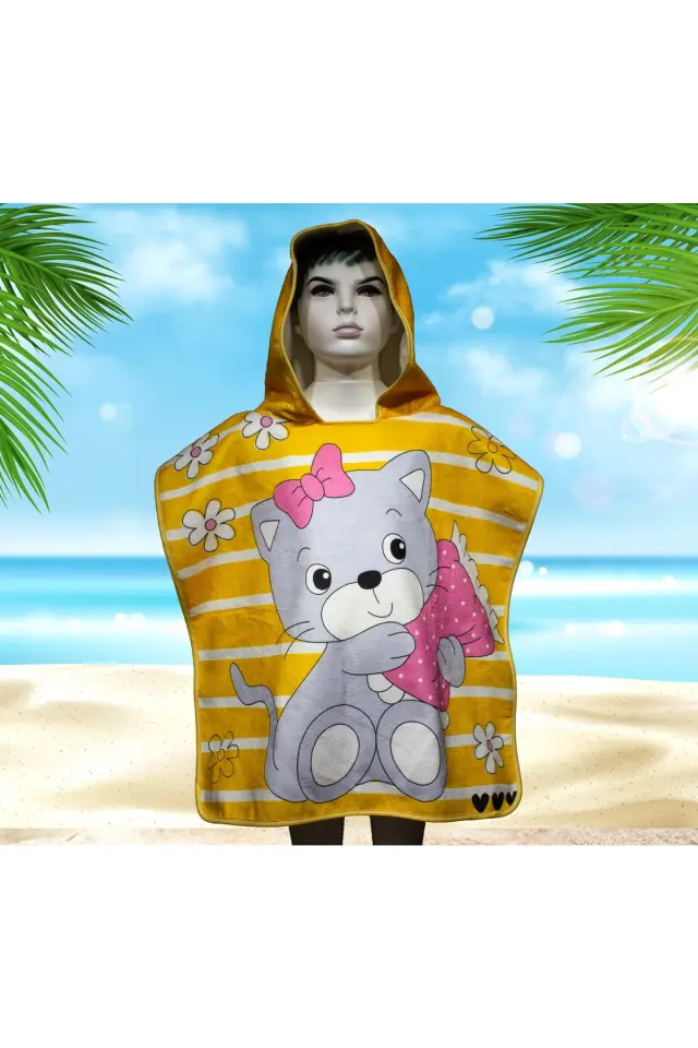 Şirin Kedi Desenli Çocuk Panço Havlu & Çocuk Bornoz Panço & Çocuk Plaj Havlu
