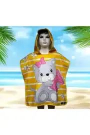 Şirin Kedi Desenli Çocuk Panço Havlu & Çocuk Bornoz Panço & Çocuk Plaj Havlu Sarı - 4-6 yaş