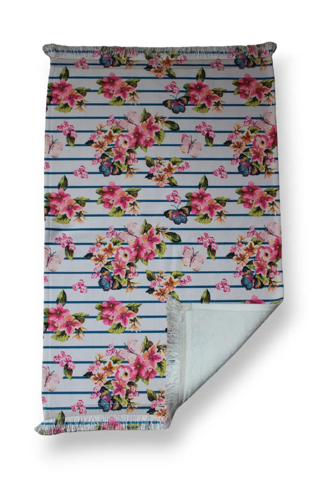 Saçaklı Baskılı Su Emici Yumuşak El ve Yüz Havlu Seti 40x60 cm Çizgi Çiçek