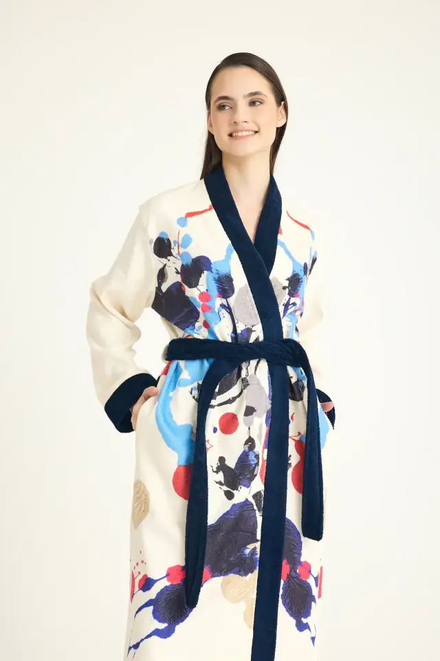Desenli Baskılı Bornoz mavi - L