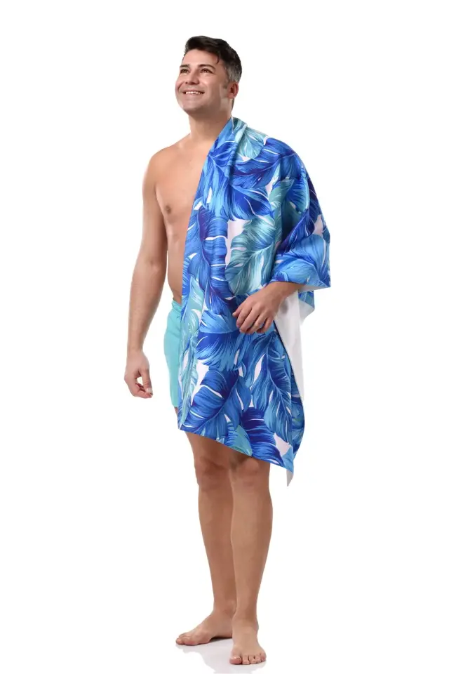 Mavi Yaprak Desenli Plaj Havlusu