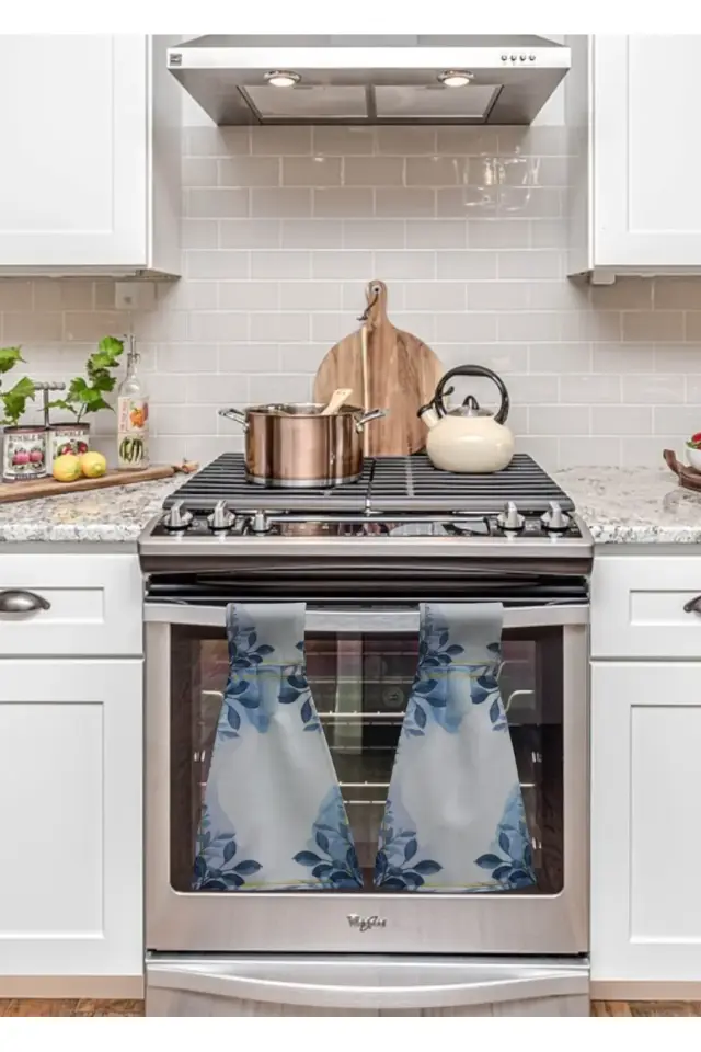 Mutfak Fırın Havlusu Cırt Bantlı Mavi Yaprak Desenli