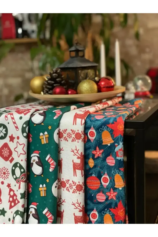 Yılbaşı Tasarımlı Mutfak Havlusu Kurulama Bezi El Yüz Havlusu Yılbaşı Havlu 50x30 3'lü Set