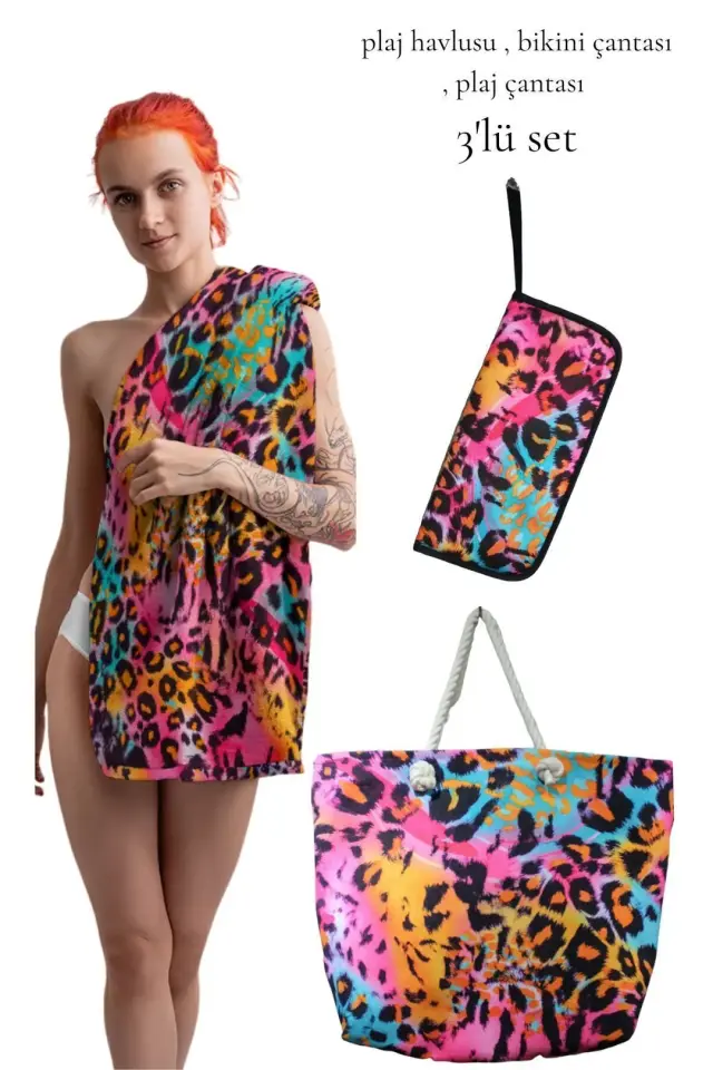 Renkli Leopar Desenli Plaj Havlusu Plaj Çantası Bikini Çantası 3'lü Set